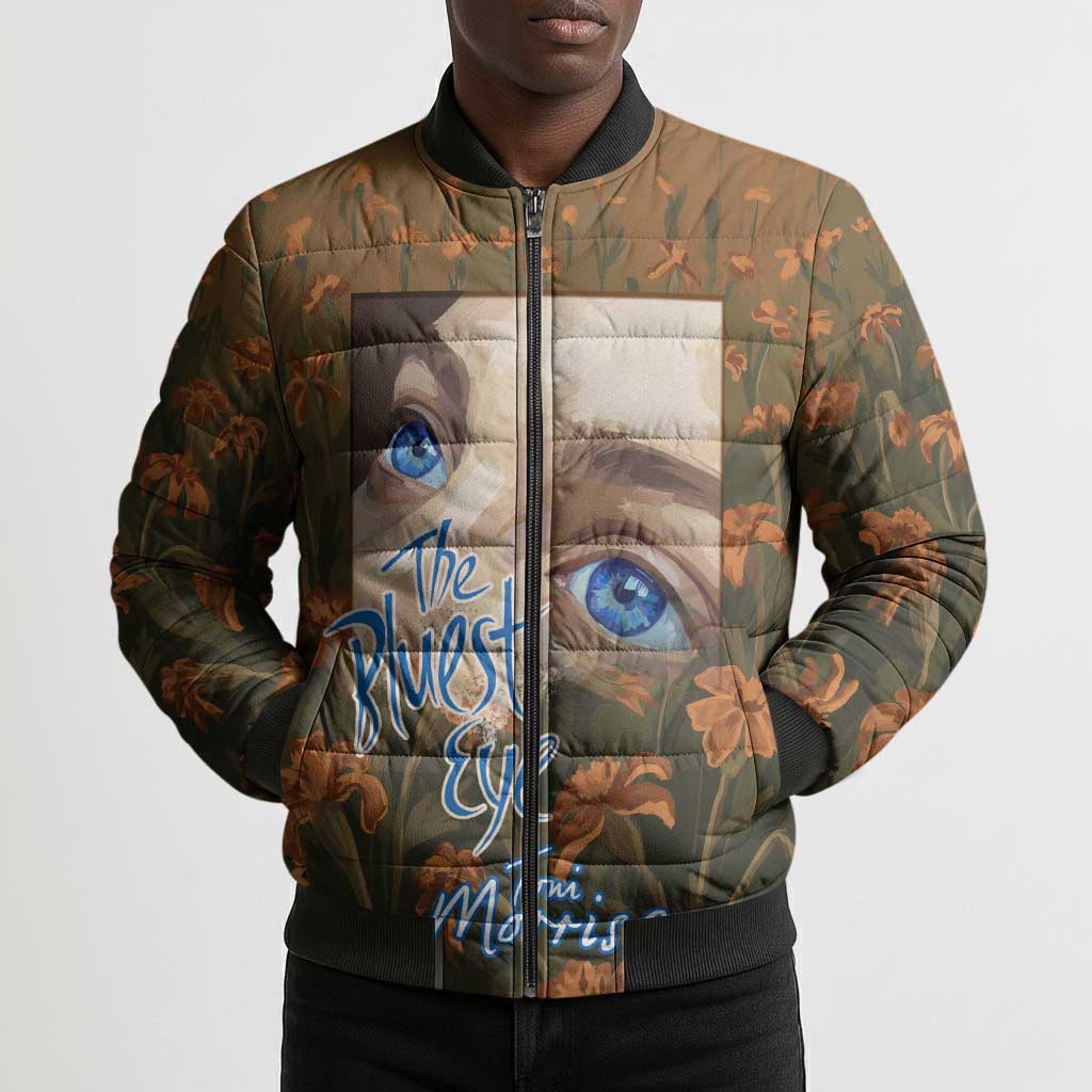 Toni Morrison Bomber Puffer Jacket Floral Themed Design Featuring The Bluest Eye Cover Art Thought-Provoking Quote - Wonder Print Shop