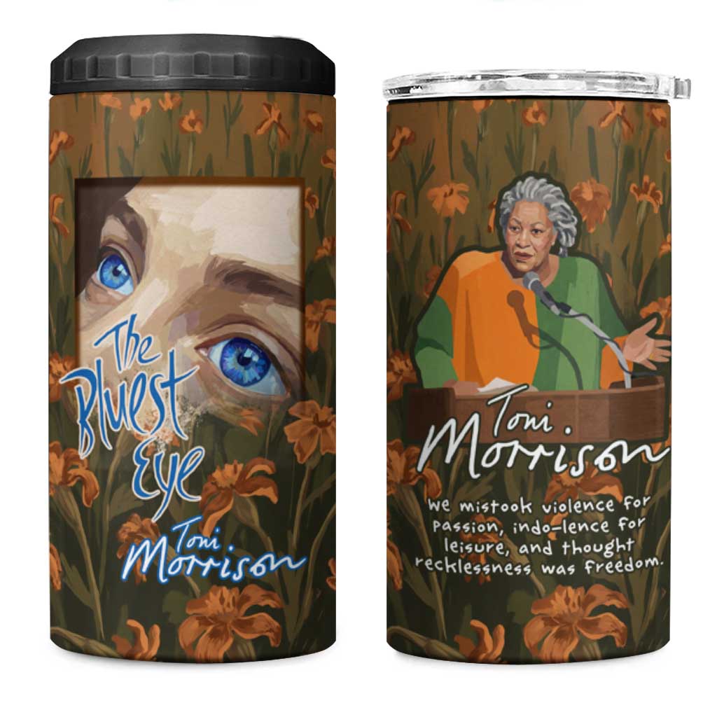 Toni Morrison 4 in 1 Can Cooler Tumbler Floral Themed Design Featuring The Bluest Eye Cover Art Thought-Provoking Quote - Wonder Print Shop