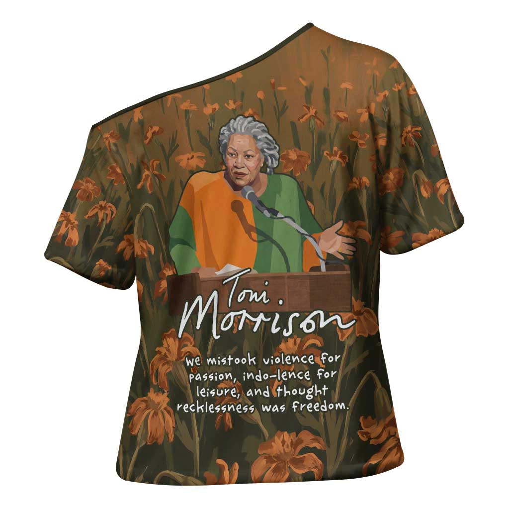 Toni Morrison Cross Shoulder Shirt Floral Themed Design Featuring The Bluest Eye Cover Art Thought-Provoking Quote - Wonder Print Shop