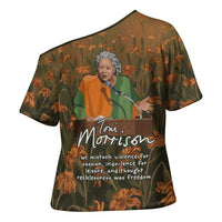 Toni Morrison Cross Shoulder Shirt Floral Themed Design Featuring The Bluest Eye Cover Art Thought-Provoking Quote - Wonder Print Shop