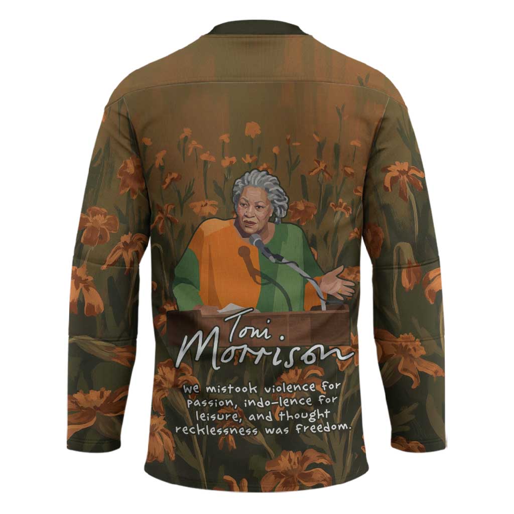 Toni Morrison Hockey Jersey Floral Themed Design Featuring The Bluest Eye Cover Art Thought-Provoking Quote - Wonder Print Shop
