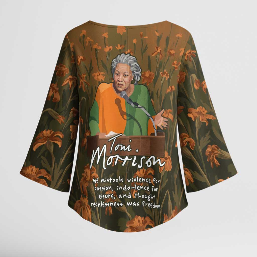 Toni Morrison Kimono Sleeve Blouse Floral Themed Design Featuring The Bluest Eye Cover Art Thought-Provoking Quote - Wonder Print Shop