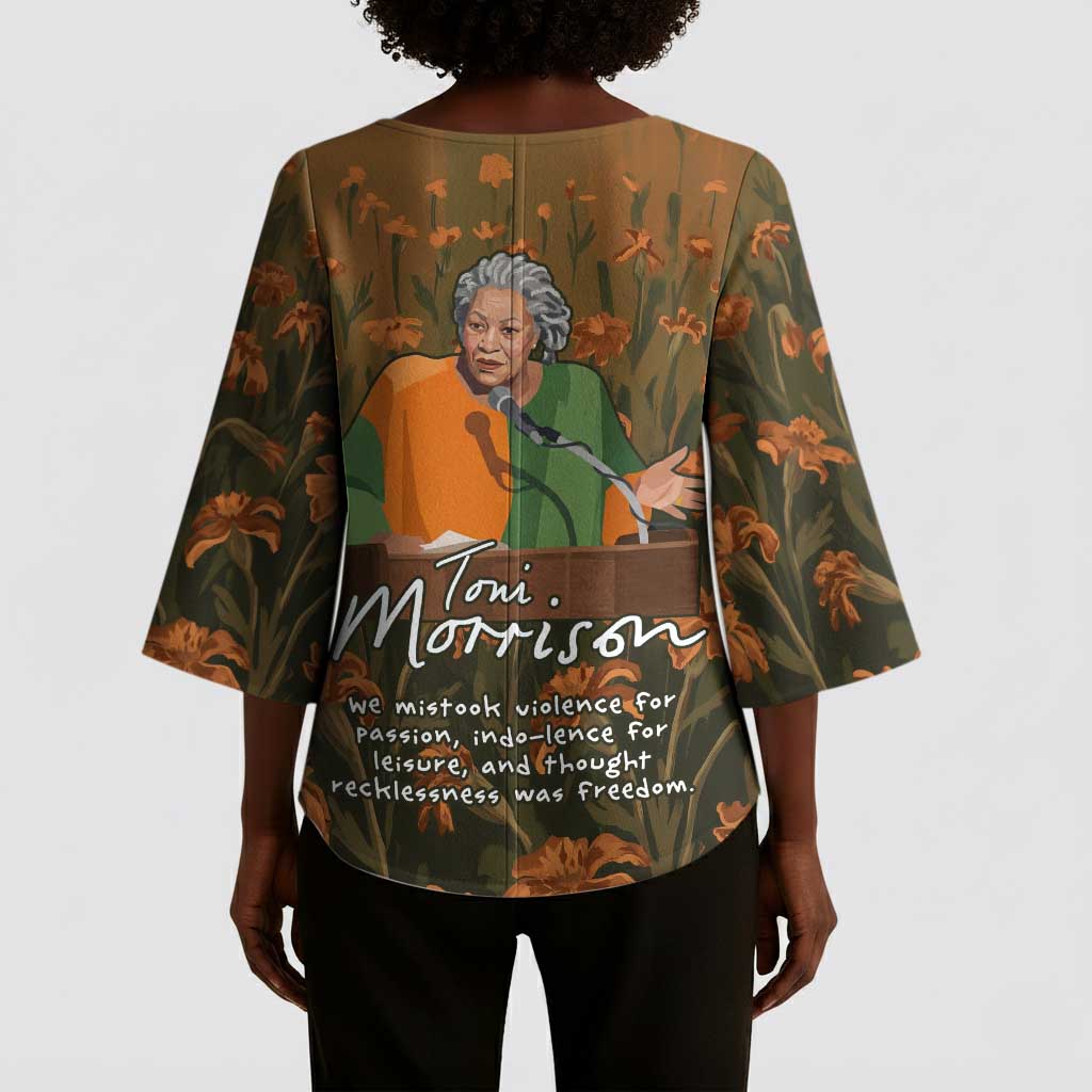 Toni Morrison Kimono Sleeve Blouse Floral Themed Design Featuring The Bluest Eye Cover Art Thought-Provoking Quote - Wonder Print Shop