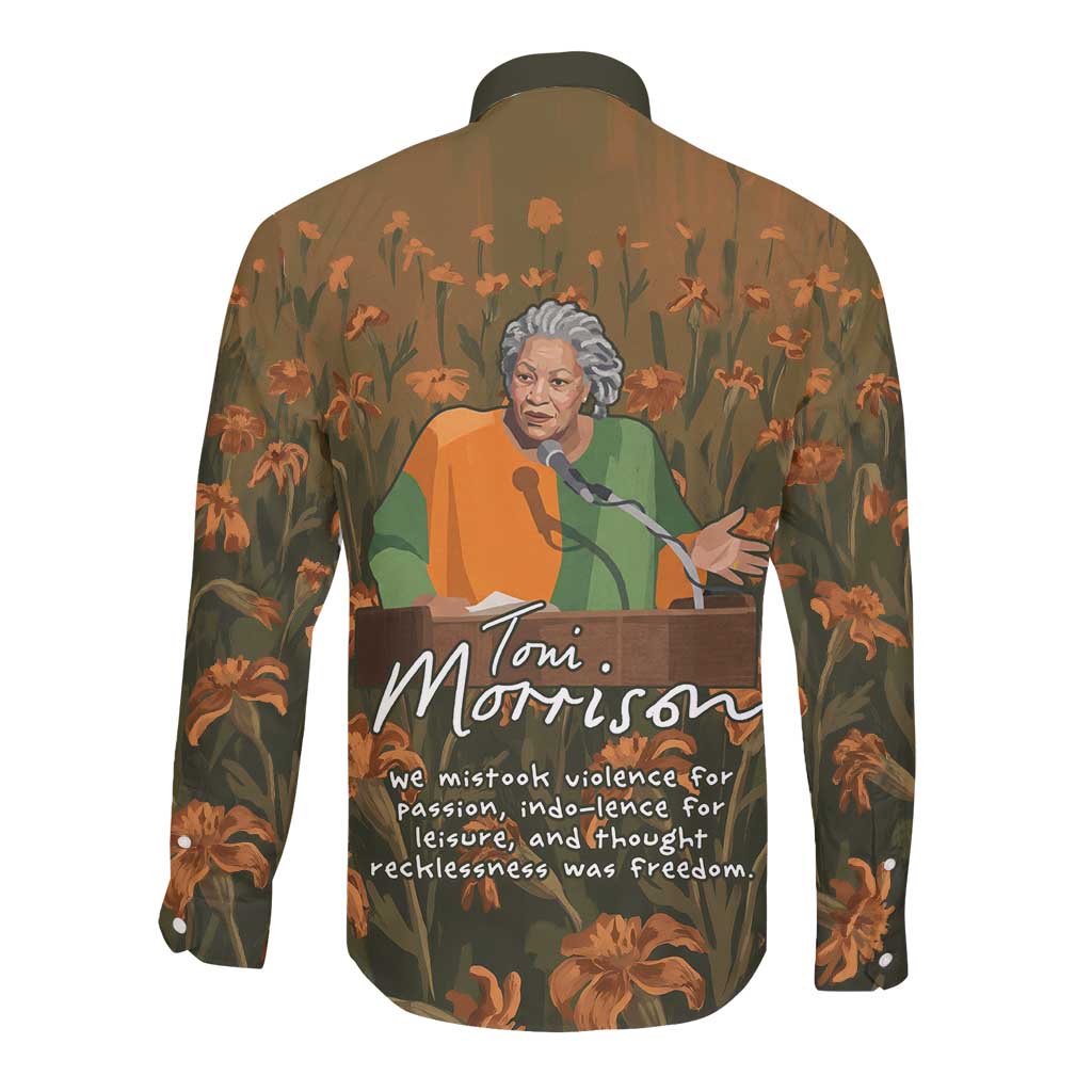 Toni Morrison Long Sleeve Button Shirt Floral Themed Design Featuring The Bluest Eye Cover Art Thought-Provoking Quote - Wonder Print Shop