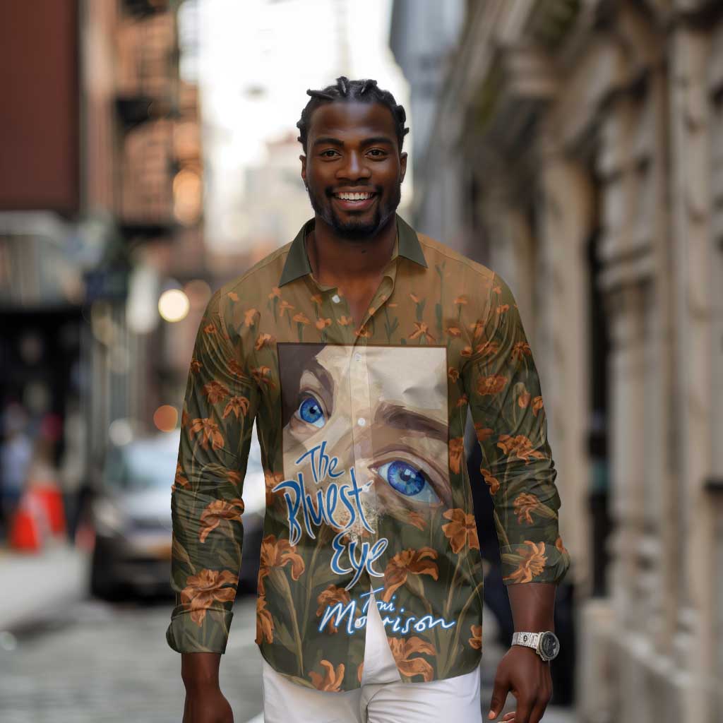Toni Morrison Long Sleeve Button Shirt Floral Themed Design Featuring The Bluest Eye Cover Art Thought-Provoking Quote - Wonder Print Shop