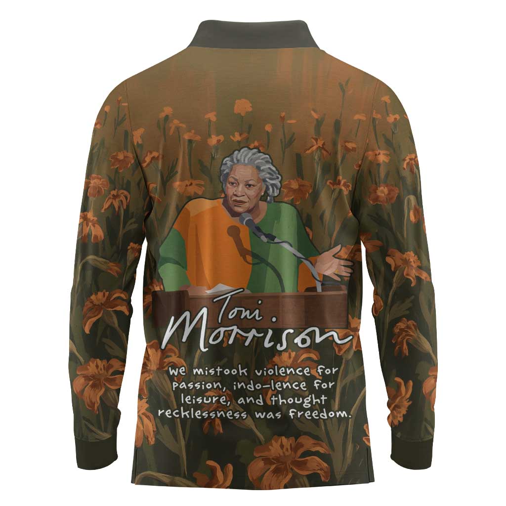 Toni Morrison Long Sleeve Polo Shirt Floral Themed Design Featuring The Bluest Eye Cover Art Thought-Provoking Quote - Wonder Print Shop