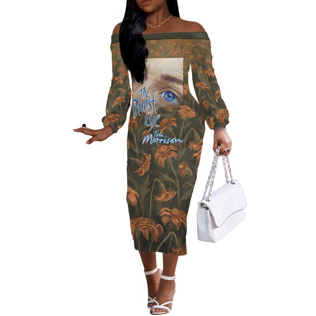 Toni Morrison Off The Shoulder Long Sleeve Dress Floral Themed Design Featuring The Bluest Eye Cover Art Thought-Provoking Quote - Wonder Print Shop