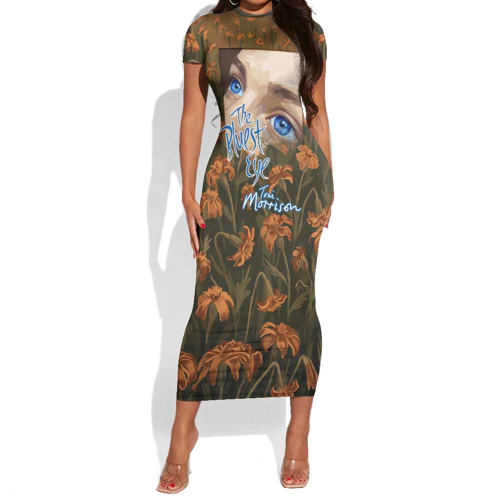 Toni Morrison Short Sleeve Bodycon Dress Floral Themed Design Featuring The Bluest Eye Cover Art Thought-Provoking Quote - Wonder Print Shop