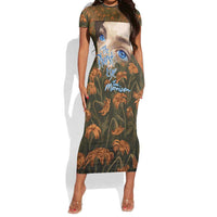 Toni Morrison Short Sleeve Bodycon Dress Floral Themed Design Featuring The Bluest Eye Cover Art Thought-Provoking Quote - Wonder Print Shop