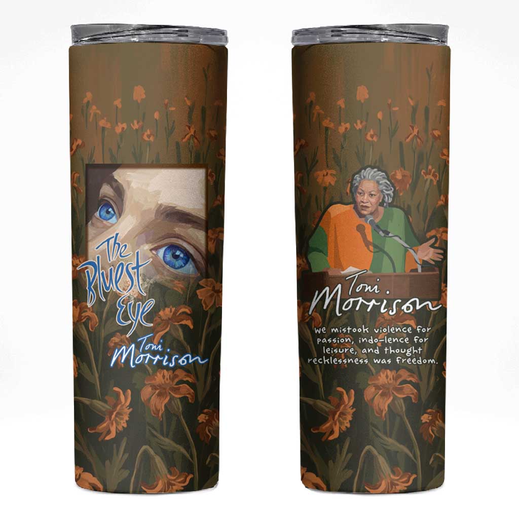 Toni Morrison Skinny Tumbler Floral Themed Design Featuring The Bluest Eye Cover Art Thought-Provoking Quote - Wonder Print Shop