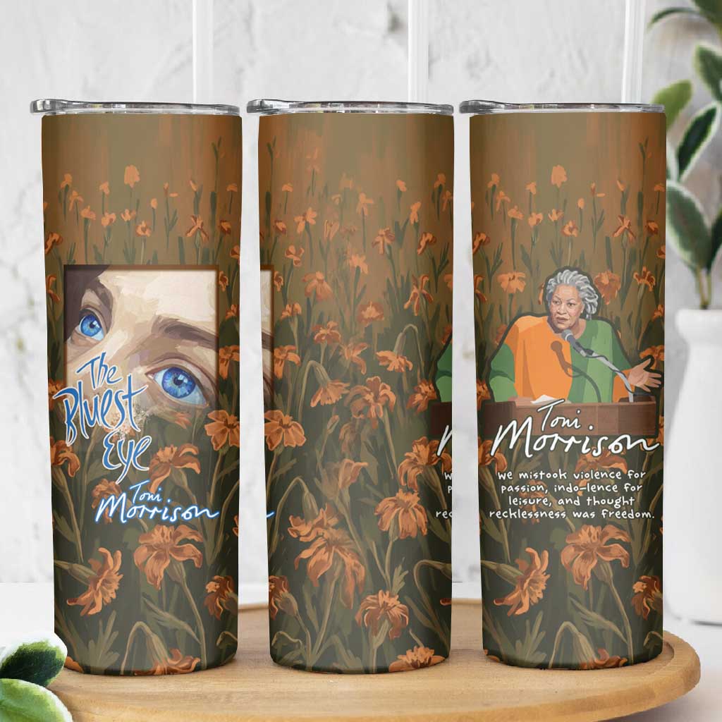 Toni Morrison Skinny Tumbler Floral Themed Design Featuring The Bluest Eye Cover Art Thought-Provoking Quote - Wonder Print Shop