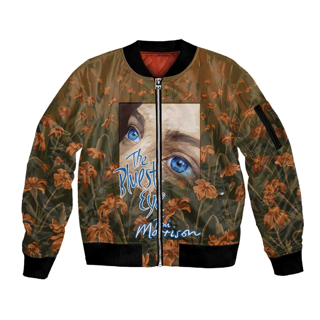 Toni Morrison Sleeve Zip Bomber Jacket Floral Themed Design Featuring The Bluest Eye Cover Art Thought-Provoking Quote - Wonder Print Shop