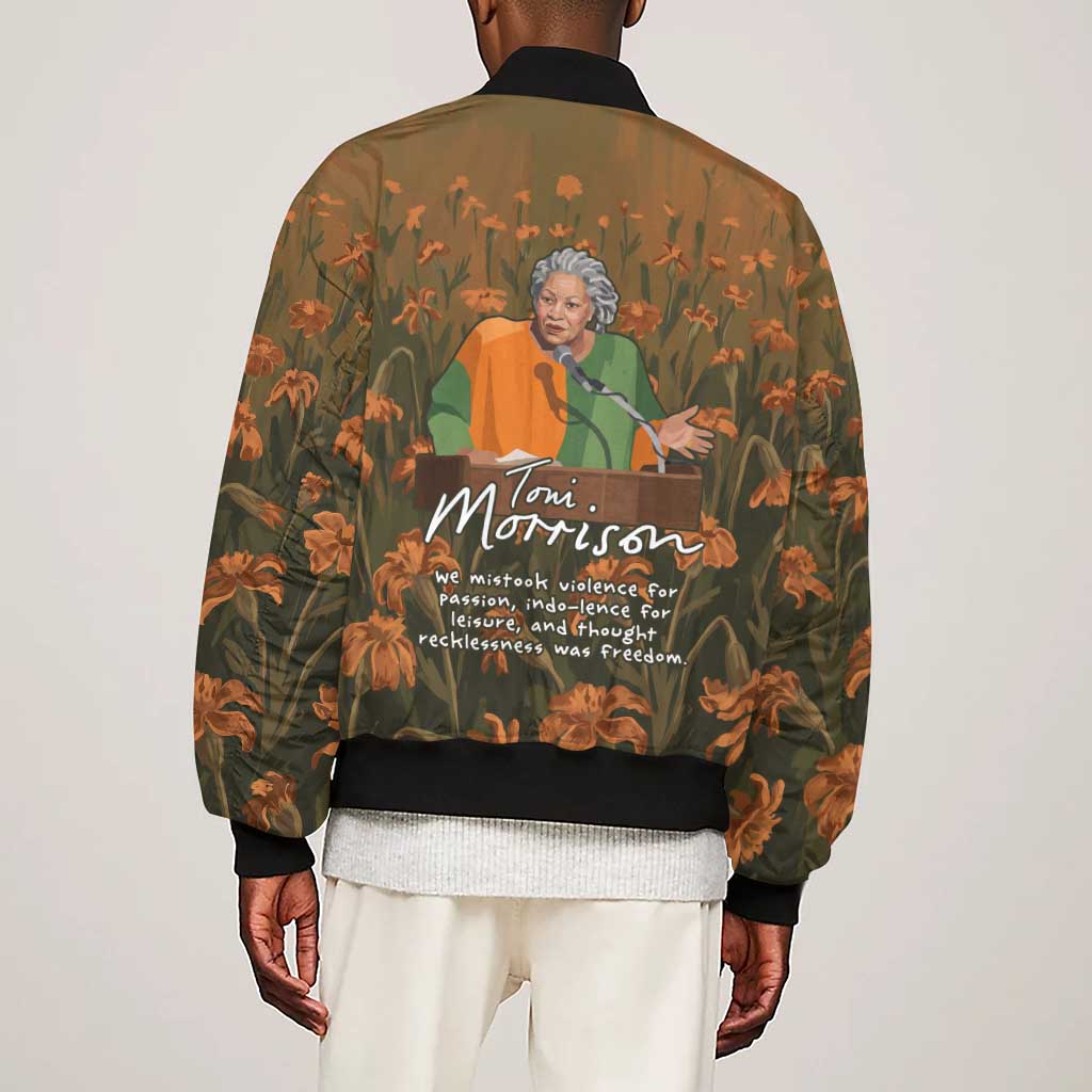 Toni Morrison Sleeve Zip Bomber Jacket Floral Themed Design Featuring The Bluest Eye Cover Art Thought-Provoking Quote - Wonder Print Shop