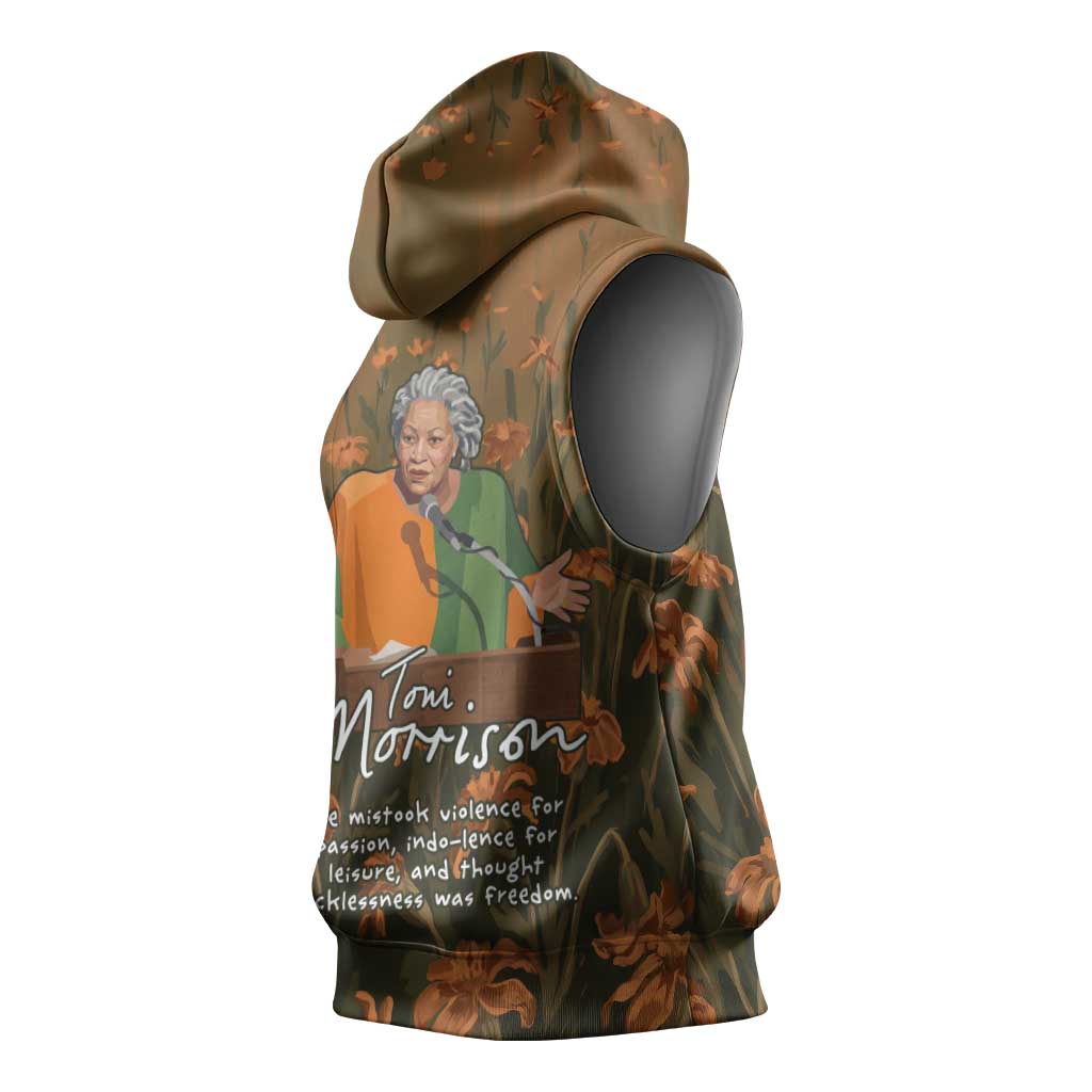 Toni Morrison Sleeveless Hoodie Floral Themed Design Featuring The Bluest Eye Cover Art Thought-Provoking Quote - Wonder Print Shop
