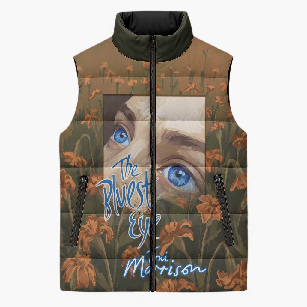 Toni Morrison Sleeveless Puffer Jacket Floral Themed Design Featuring The Bluest Eye Cover Art Thought-Provoking Quote - Wonder Print Shop