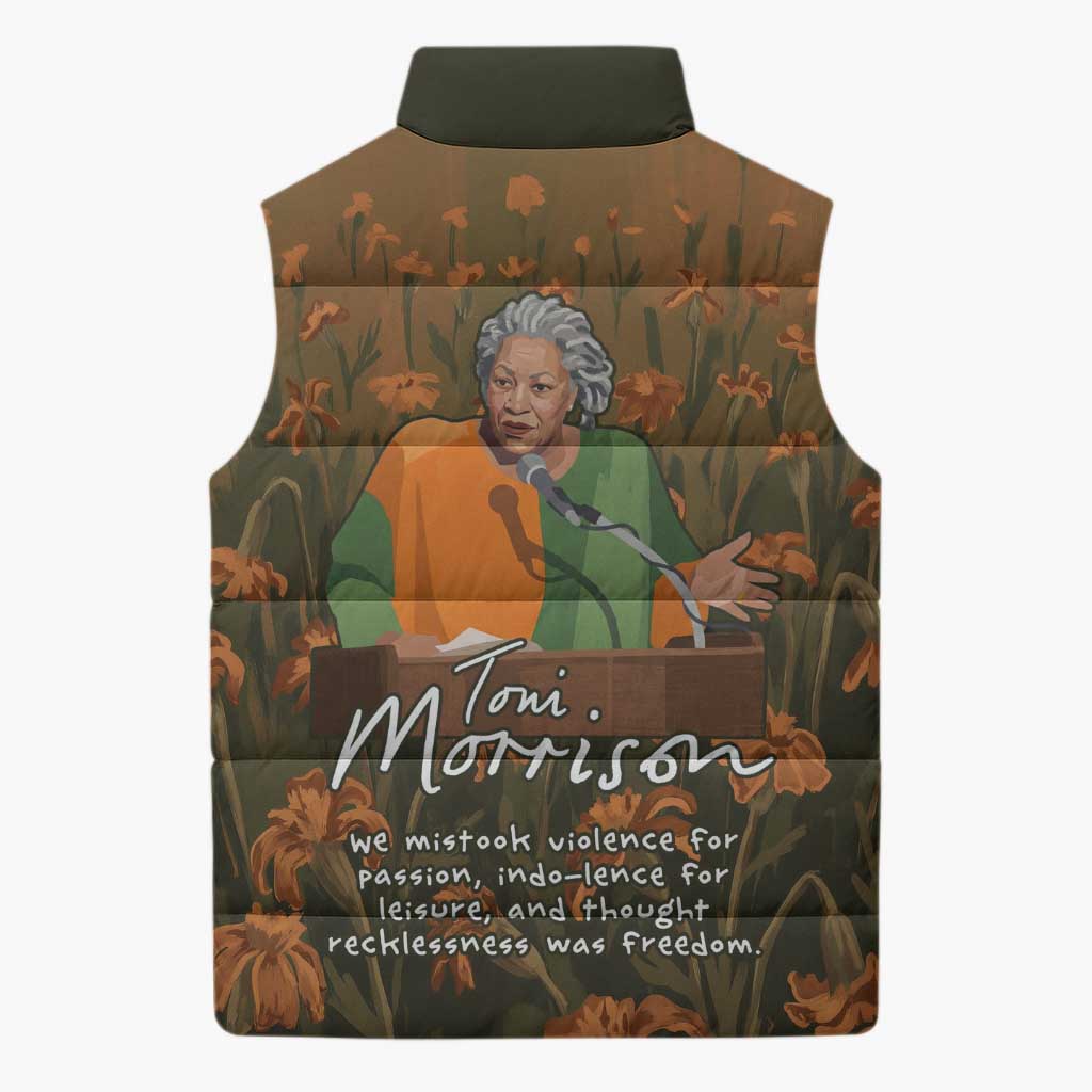 Toni Morrison Sleeveless Puffer Jacket Floral Themed Design Featuring The Bluest Eye Cover Art Thought-Provoking Quote - Wonder Print Shop