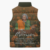 Toni Morrison Sleeveless Puffer Jacket Floral Themed Design Featuring The Bluest Eye Cover Art Thought-Provoking Quote - Wonder Print Shop