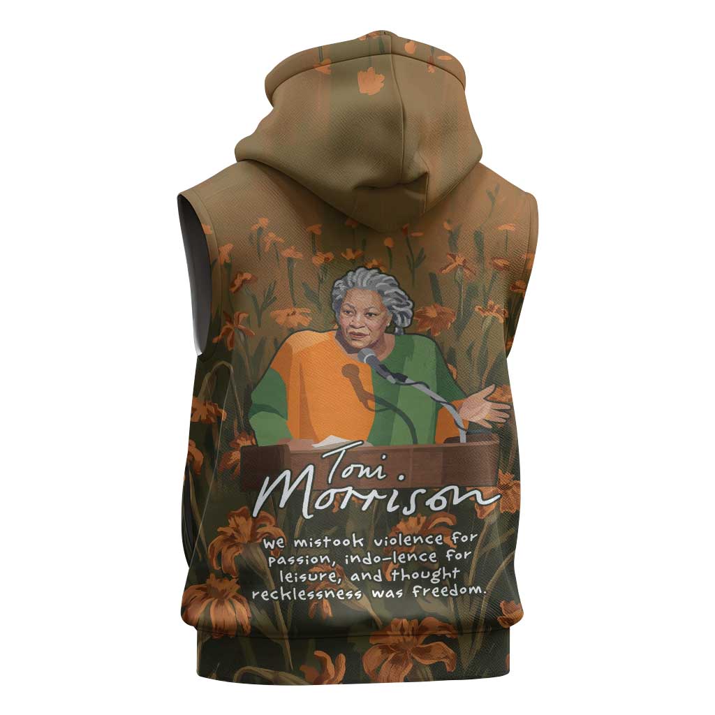 Toni Morrison Sleeveless Zip Hoodie Floral Themed Design Featuring The Bluest Eye Cover Art Thought-Provoking Quote - Wonder Print Shop