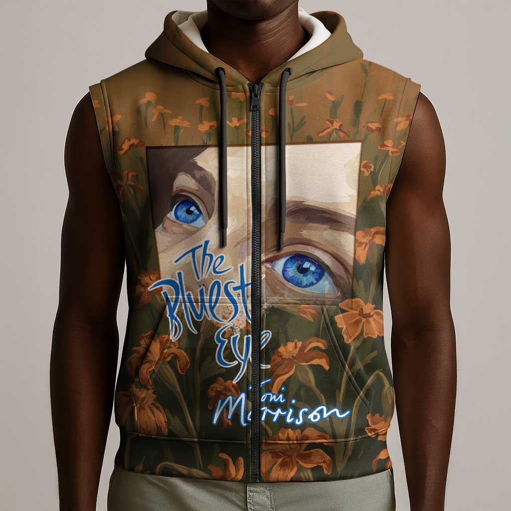 Toni Morrison Sleeveless Zip Hoodie Floral Themed Design Featuring The Bluest Eye Cover Art Thought-Provoking Quote - Wonder Print Shop