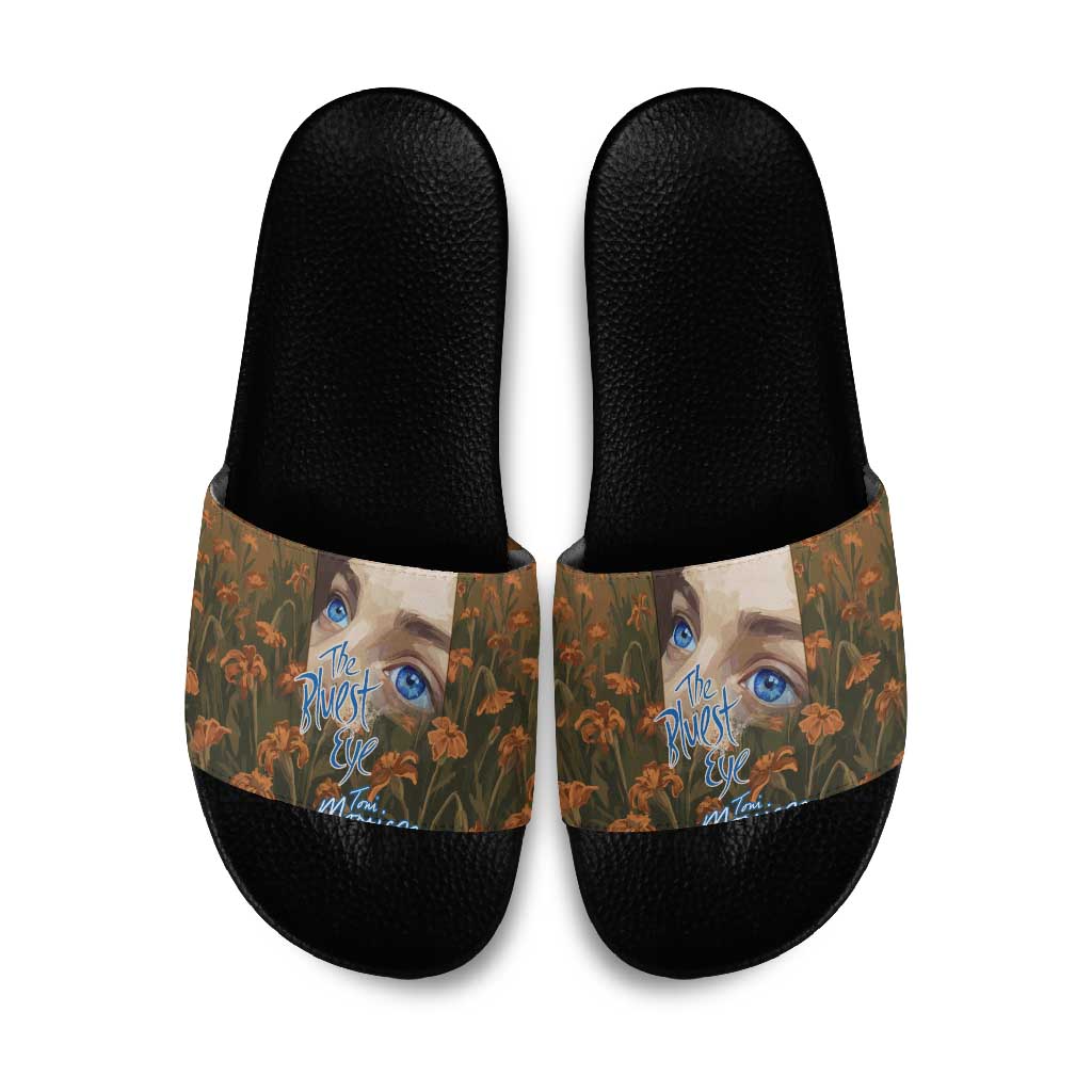 Toni Morrison Slide Sandals Floral Themed Design Featuring The Bluest Eye Cover Art Thought-Provoking Quote - Wonder Print Shop