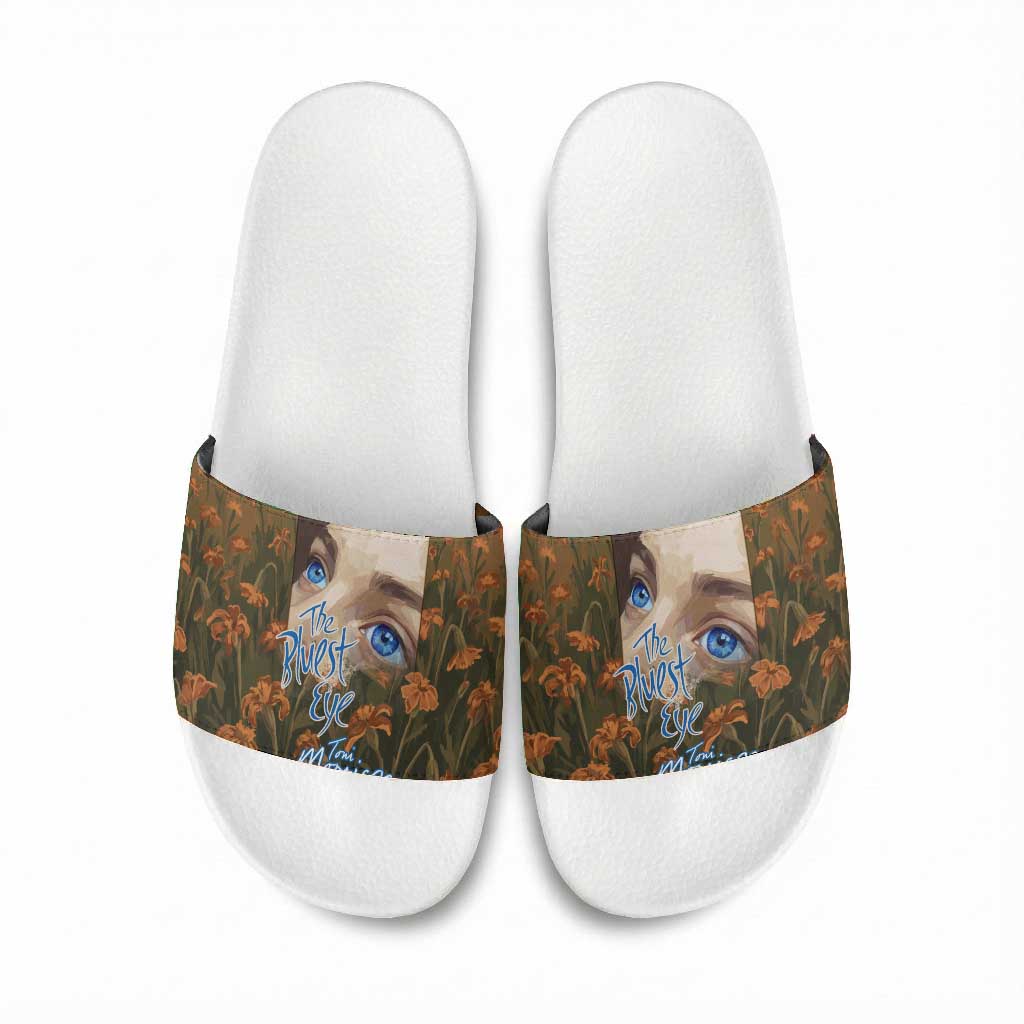 Toni Morrison Slide Sandals Floral Themed Design Featuring The Bluest Eye Cover Art Thought-Provoking Quote - Wonder Print Shop