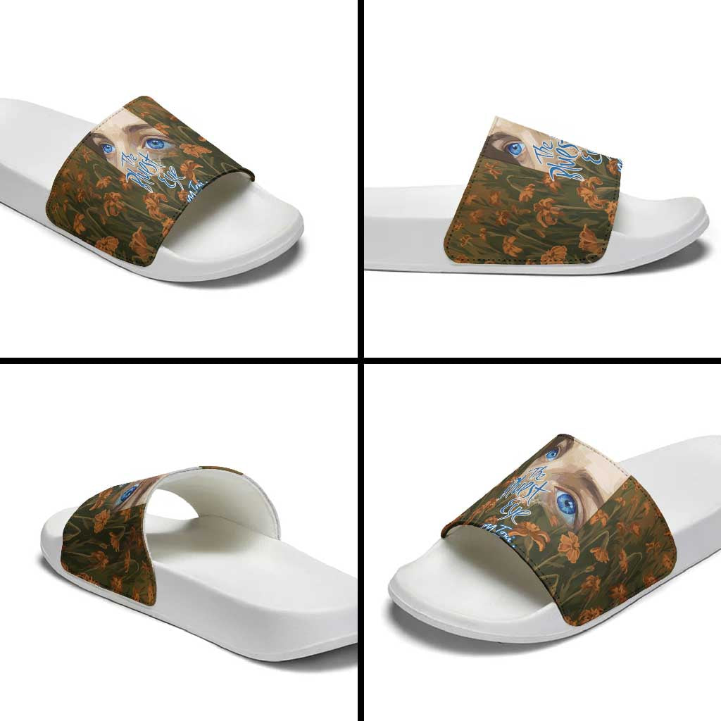 Toni Morrison Slide Sandals Floral Themed Design Featuring The Bluest Eye Cover Art Thought-Provoking Quote - Wonder Print Shop
