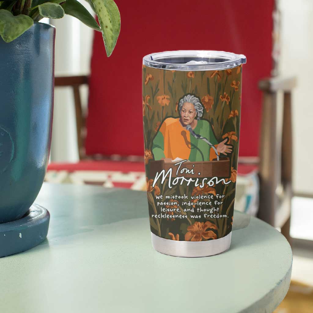Toni Morrison Tumbler Cup Floral Themed Design Featuring The Bluest Eye Cover Art Thought-Provoking Quote - Wonder Print Shop