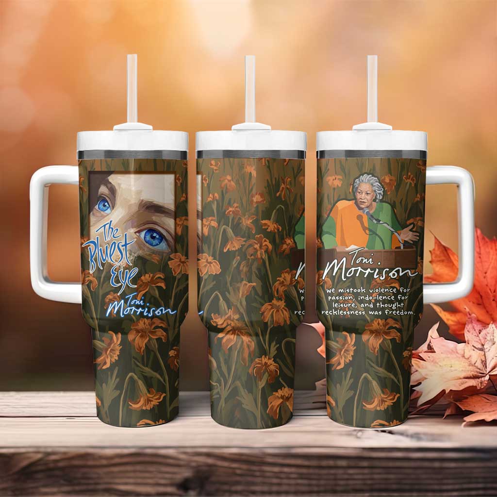 Toni Morrison Tumbler With Handle Floral Themed Design Featuring The Bluest Eye Cover Art Thought-Provoking Quote - Wonder Print Shop