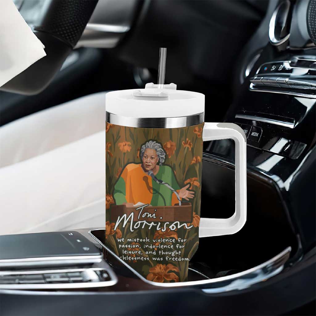 Toni Morrison Tumbler With Handle Floral Themed Design Featuring The Bluest Eye Cover Art Thought-Provoking Quote - Wonder Print Shop