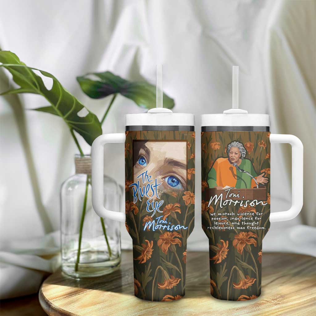 Toni Morrison Tumbler With Handle Floral Themed Design Featuring The Bluest Eye Cover Art Thought-Provoking Quote - Wonder Print Shop