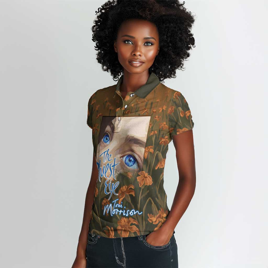 Toni Morrison Women Polo Shirt Floral Themed Design Featuring The Bluest Eye Cover Art Thought-Provoking Quote - Wonder Print Shop