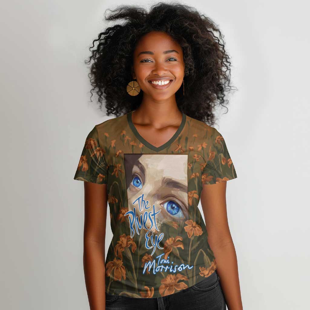 Toni Morrison Women V-Neck T-Shirt Floral Themed Design Featuring The Bluest Eye Cover Art Thought-Provoking Quote - Wonder Print Shop
