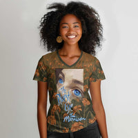 Toni Morrison Women V-Neck T-Shirt Floral Themed Design Featuring The Bluest Eye Cover Art Thought-Provoking Quote - Wonder Print Shop