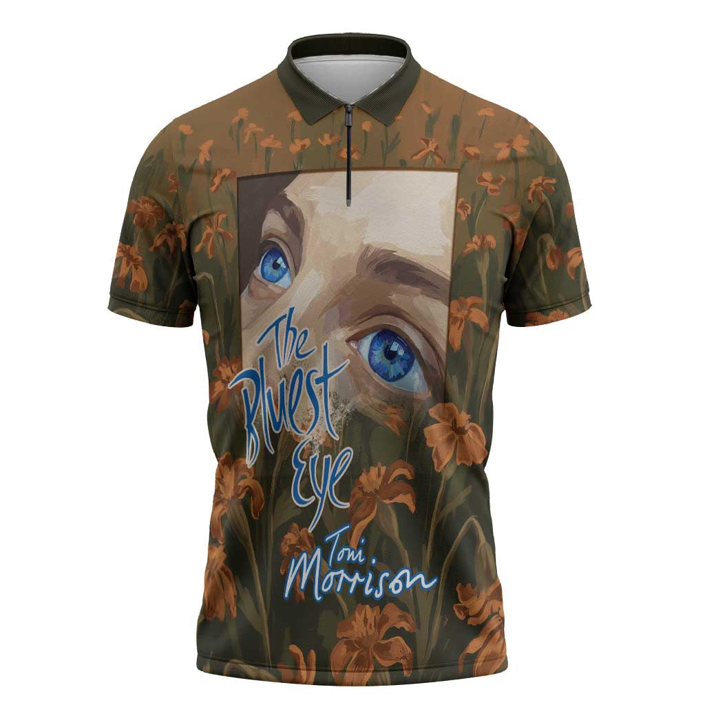 Toni Morrison Zipper Polo Shirt Floral Themed Design Featuring The Bluest Eye Cover Art Thought-Provoking Quote - Wonder Print Shop