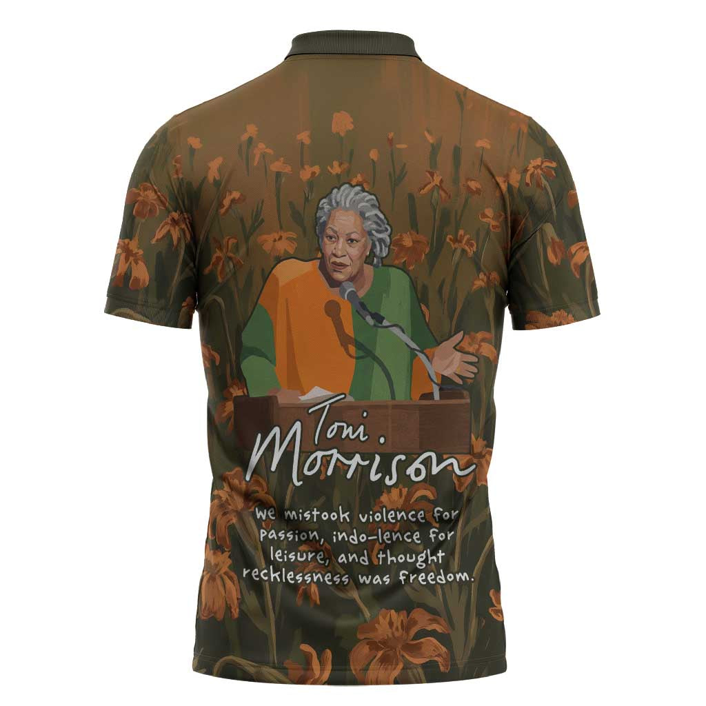 Toni Morrison Zipper Polo Shirt Floral Themed Design Featuring The Bluest Eye Cover Art Thought-Provoking Quote - Wonder Print Shop