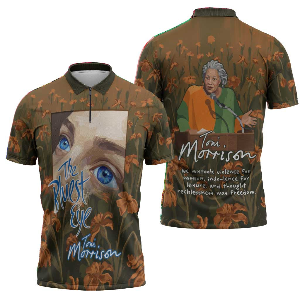 Toni Morrison Zipper Polo Shirt Floral Themed Design Featuring The Bluest Eye Cover Art Thought-Provoking Quote - Wonder Print Shop