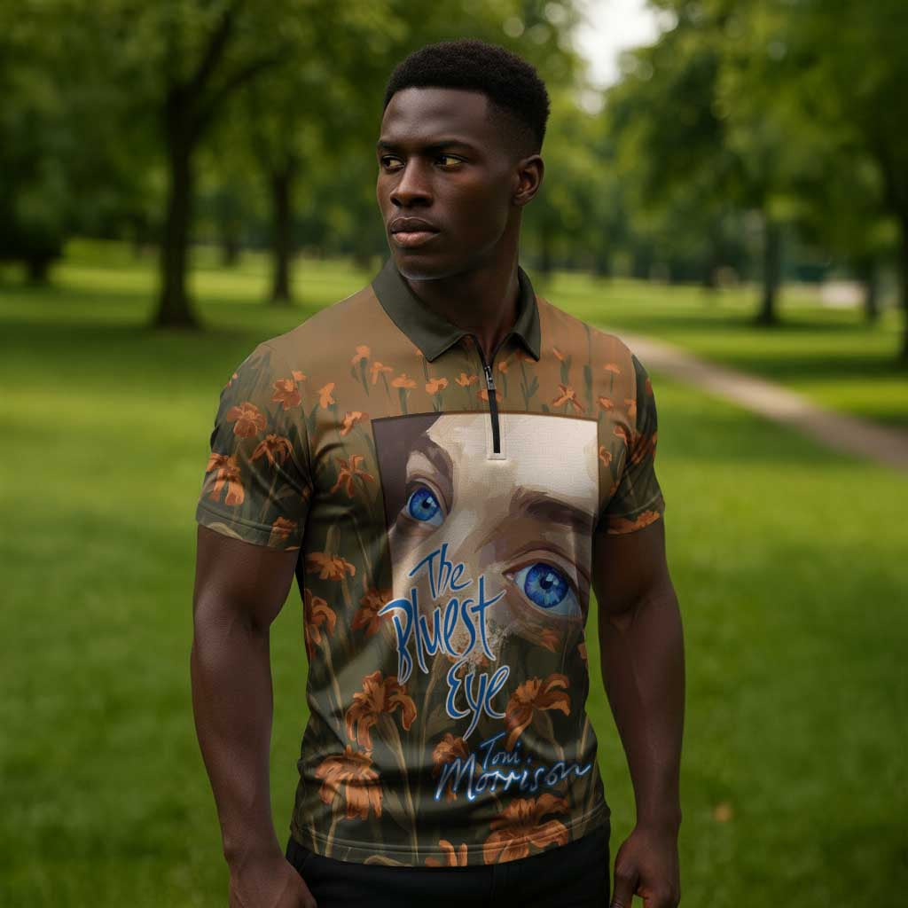 Toni Morrison Zipper Polo Shirt Floral Themed Design Featuring The Bluest Eye Cover Art Thought-Provoking Quote - Wonder Print Shop