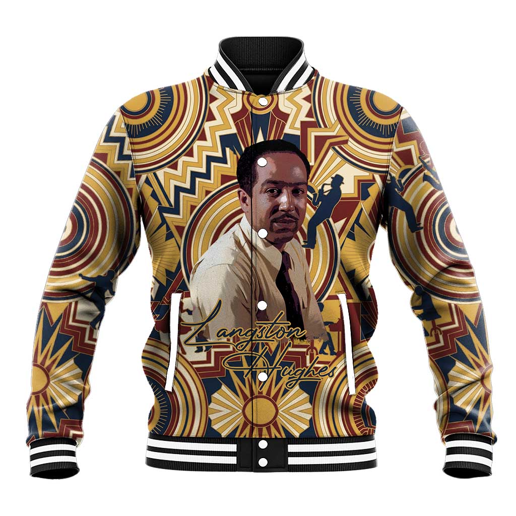 Langston Hughes Baseball Jacket Vibrant Jazz Age Pattern - Typewriter and Silhouettes Celebration of Harlem Renaissance - Wonder Print Shop