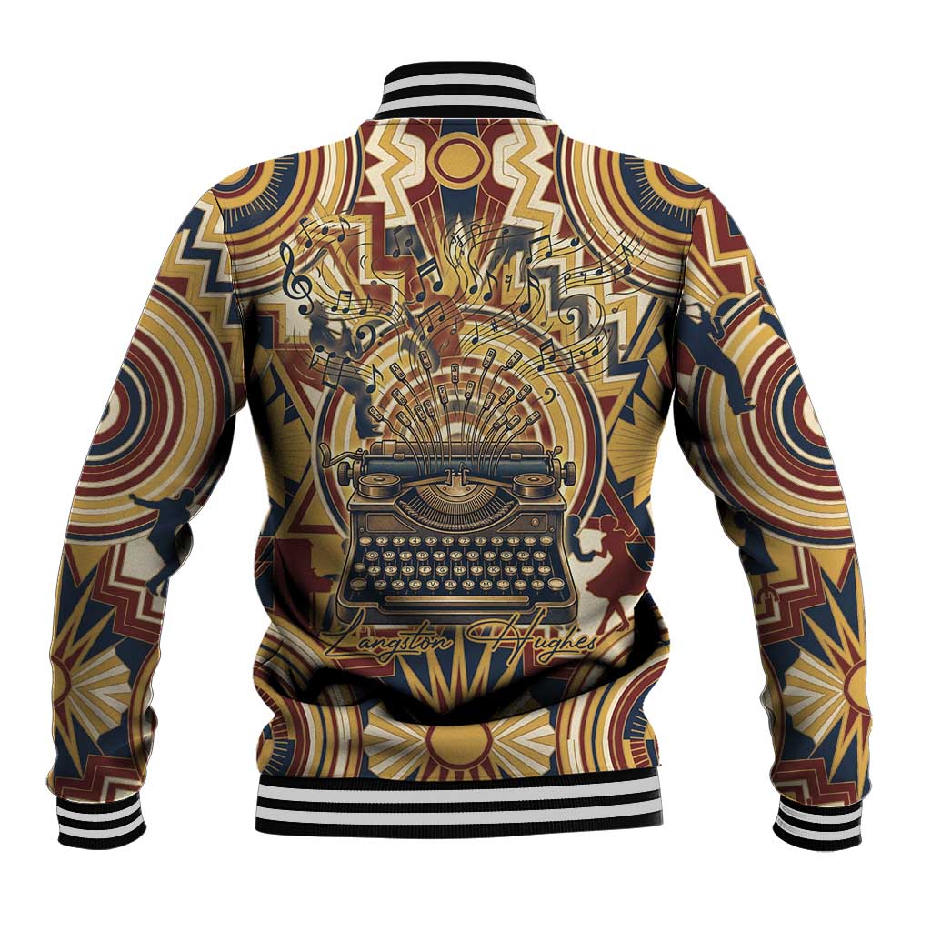 Langston Hughes Baseball Jacket Vibrant Jazz Age Pattern - Typewriter and Silhouettes Celebration of Harlem Renaissance - Wonder Print Shop
