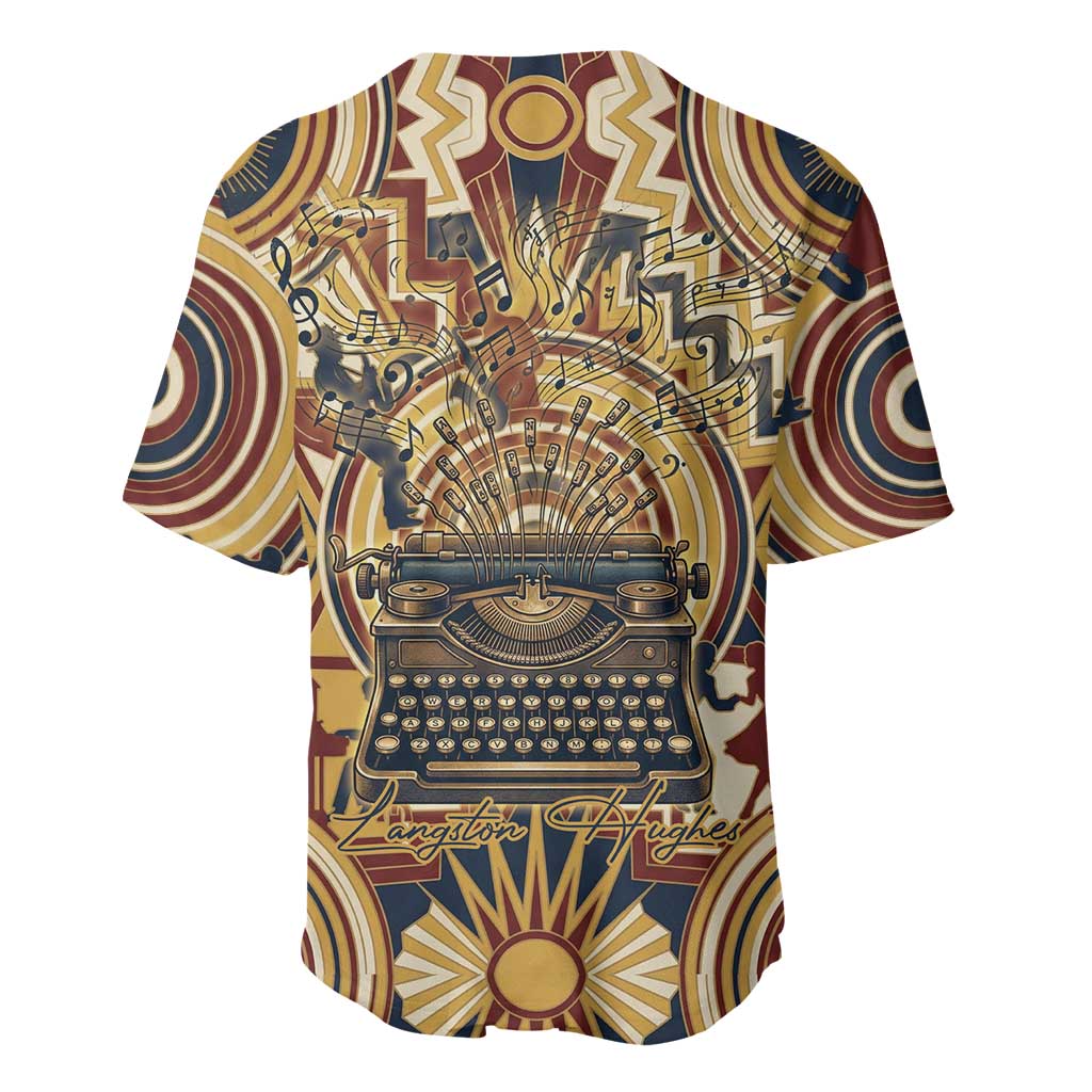 Langston Hughes Baseball Jersey Vibrant Jazz Age Pattern - Typewriter and Silhouettes Celebration of Harlem Renaissance - Wonder Print Shop
