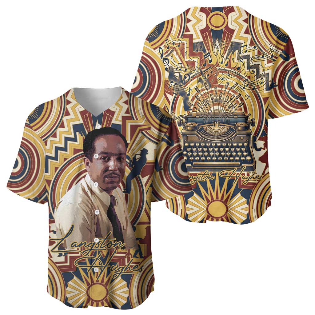 Langston Hughes Baseball Jersey Vibrant Jazz Age Pattern - Typewriter and Silhouettes Celebration of Harlem Renaissance - Wonder Print Shop