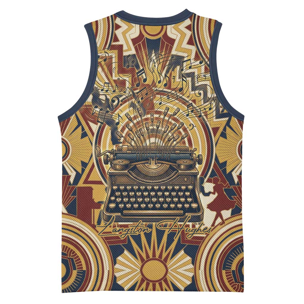 Langston Hughes Basketball Jersey Vibrant Jazz Age Pattern - Typewriter and Silhouettes Celebration of Harlem Renaissance - Wonder Print Shop