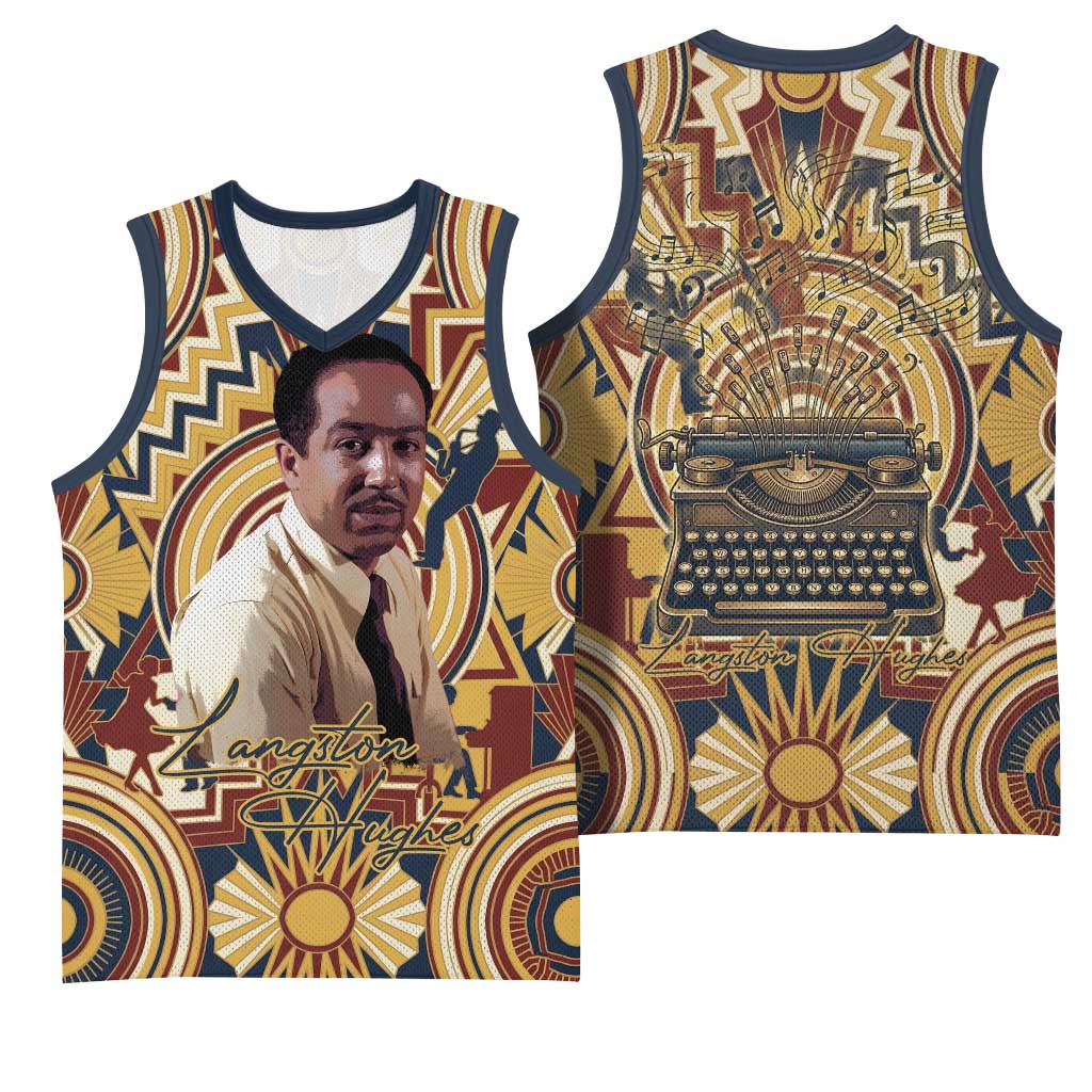 Langston Hughes Basketball Jersey Vibrant Jazz Age Pattern - Typewriter and Silhouettes Celebration of Harlem Renaissance - Wonder Print Shop