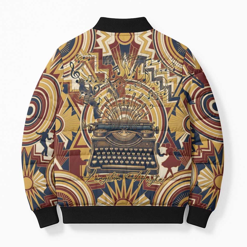 Langston Hughes Bomber Puffer Jacket Vibrant Jazz Age Pattern - Typewriter and Silhouettes Celebration of Harlem Renaissance - Wonder Print Shop