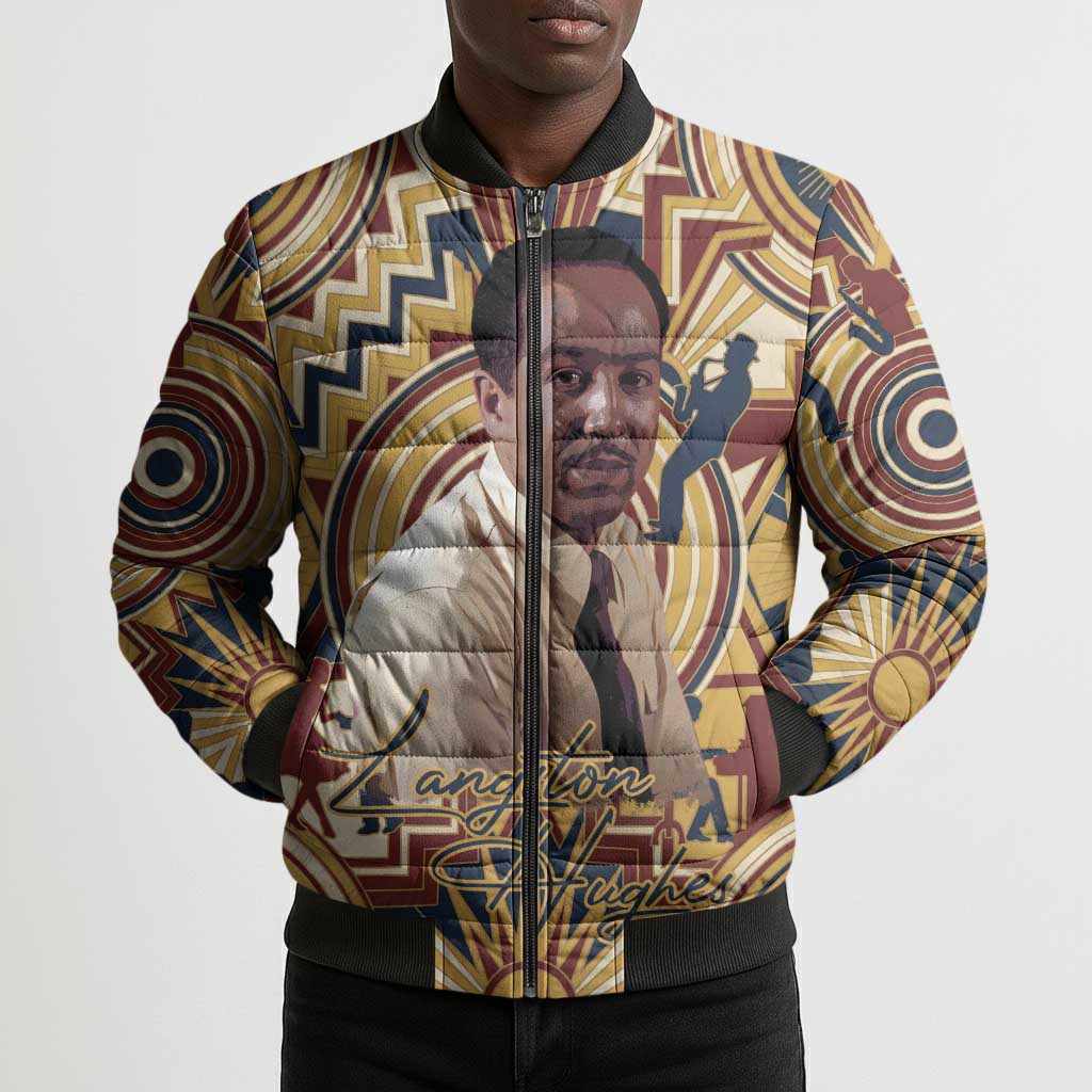 Langston Hughes Bomber Puffer Jacket Vibrant Jazz Age Pattern - Typewriter and Silhouettes Celebration of Harlem Renaissance - Wonder Print Shop