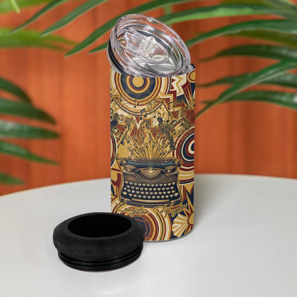 Langston Hughes 4 in 1 Can Cooler Tumbler Vibrant Jazz Age Pattern - Typewriter and Silhouettes Celebration of Harlem Renaissance - Wonder Print Shop