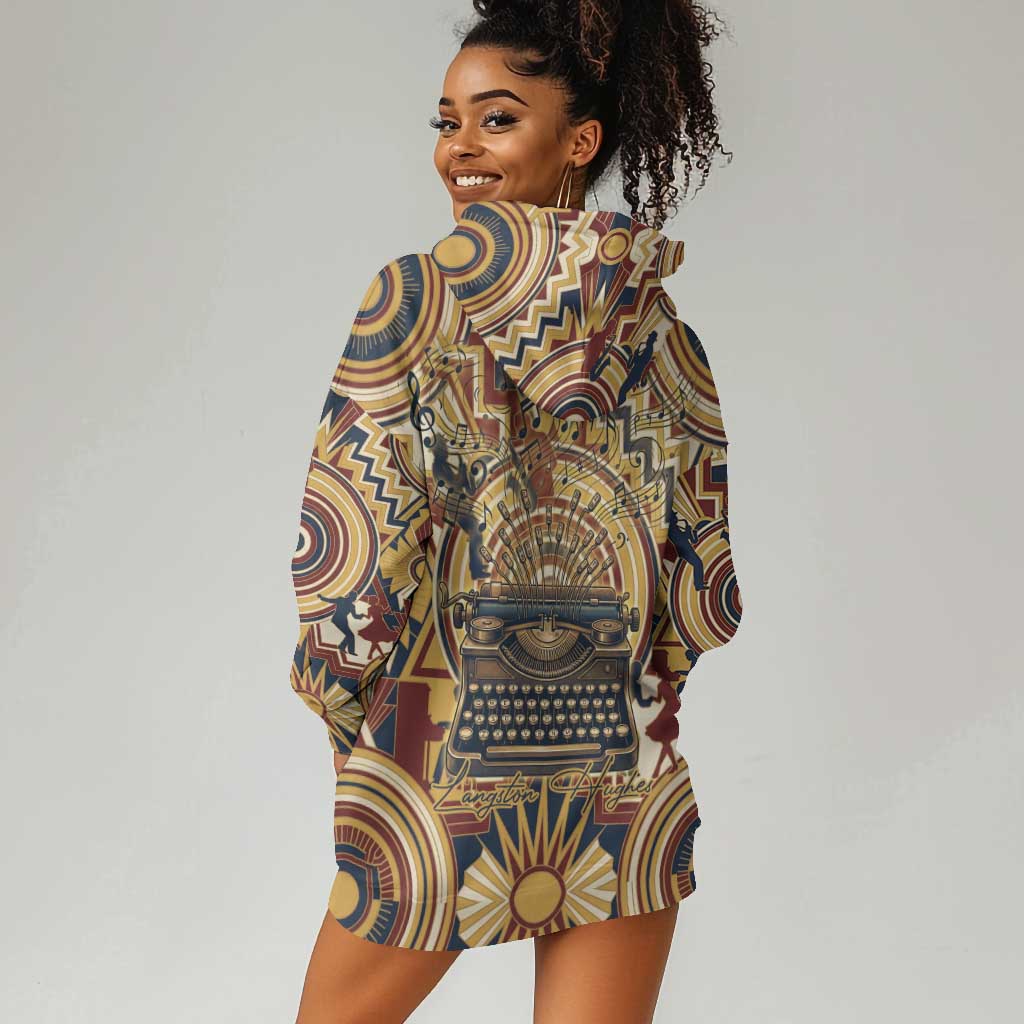 Langston Hughes Hoodie Dress Vibrant Jazz Age Pattern - Typewriter and Silhouettes Celebration of Harlem Renaissance - Wonder Print Shop