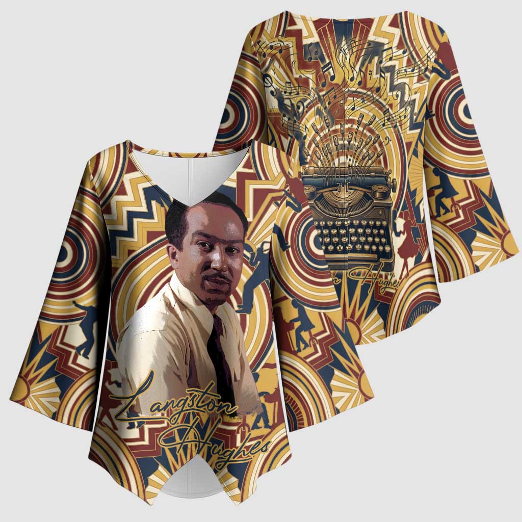 Langston Hughes Kimono Sleeve Blouse Vibrant Jazz Age Pattern - Typewriter and Silhouettes Celebration of Harlem Renaissance - Wonder Print Shop