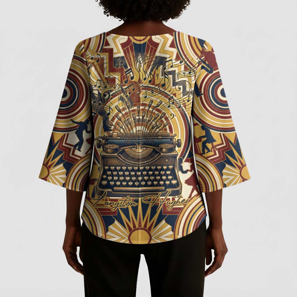 Langston Hughes Kimono Sleeve Blouse Vibrant Jazz Age Pattern - Typewriter and Silhouettes Celebration of Harlem Renaissance - Wonder Print Shop