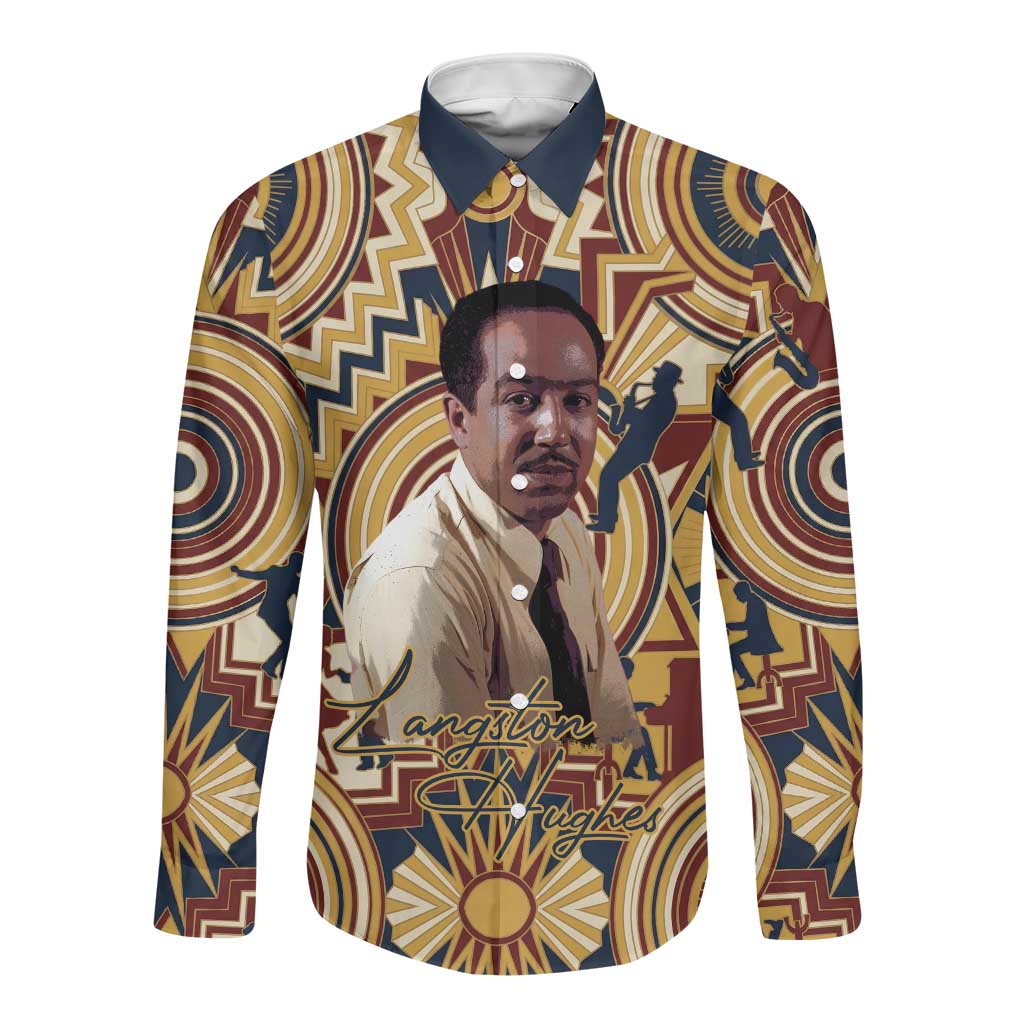 Langston Hughes Long Sleeve Button Shirt Vibrant Jazz Age Pattern - Typewriter and Silhouettes Celebration of Harlem Renaissance - Wonder Print Shop